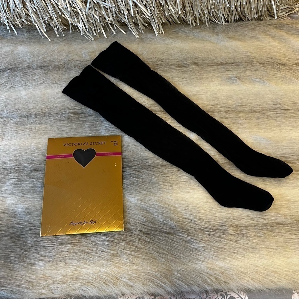 New VICTORIA’S SECRET Silky Sheer Thigh Highs for Garter Belt Jet Black Vintage